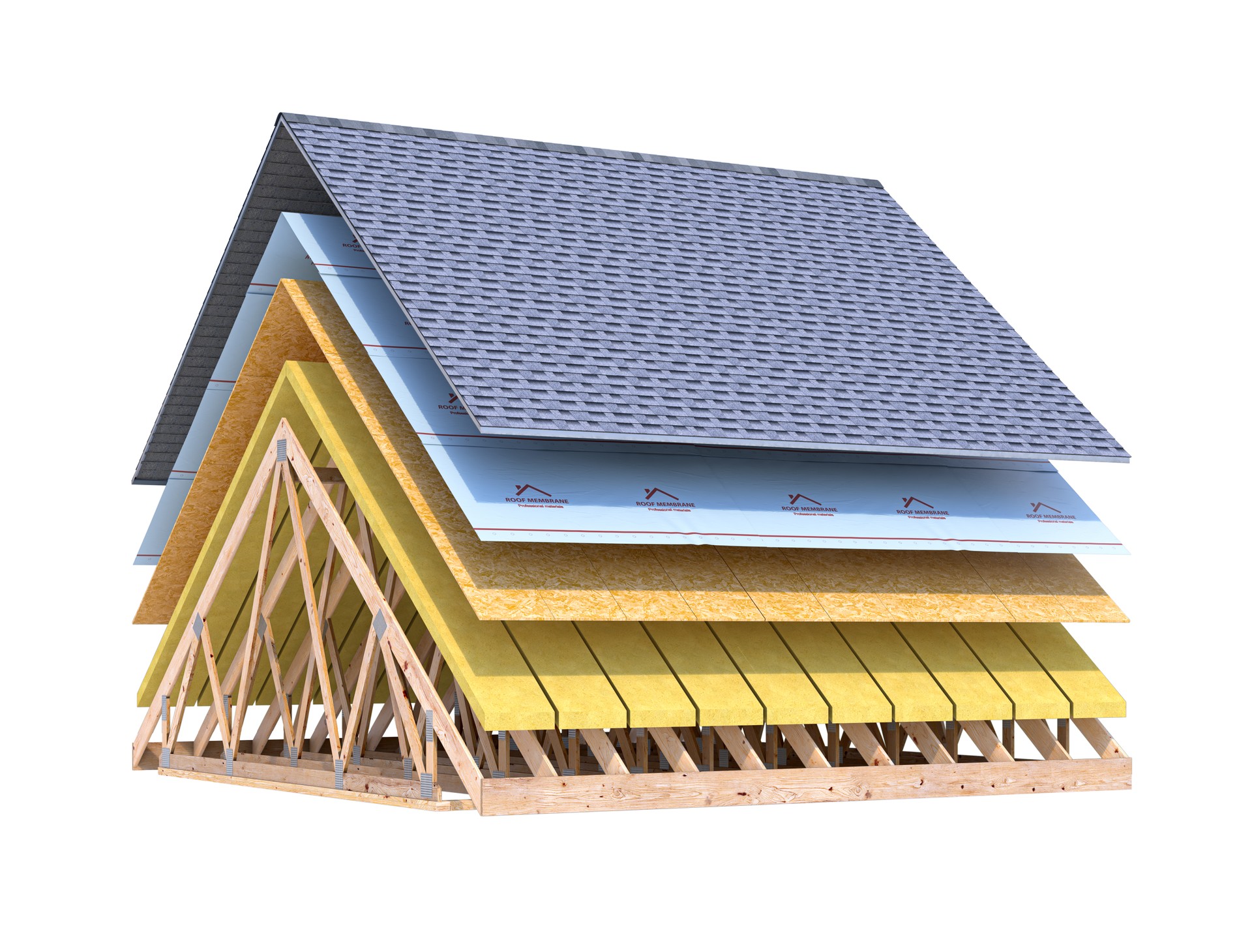 Roof cover with asphalt shingles in layers isolated. 3d illustration