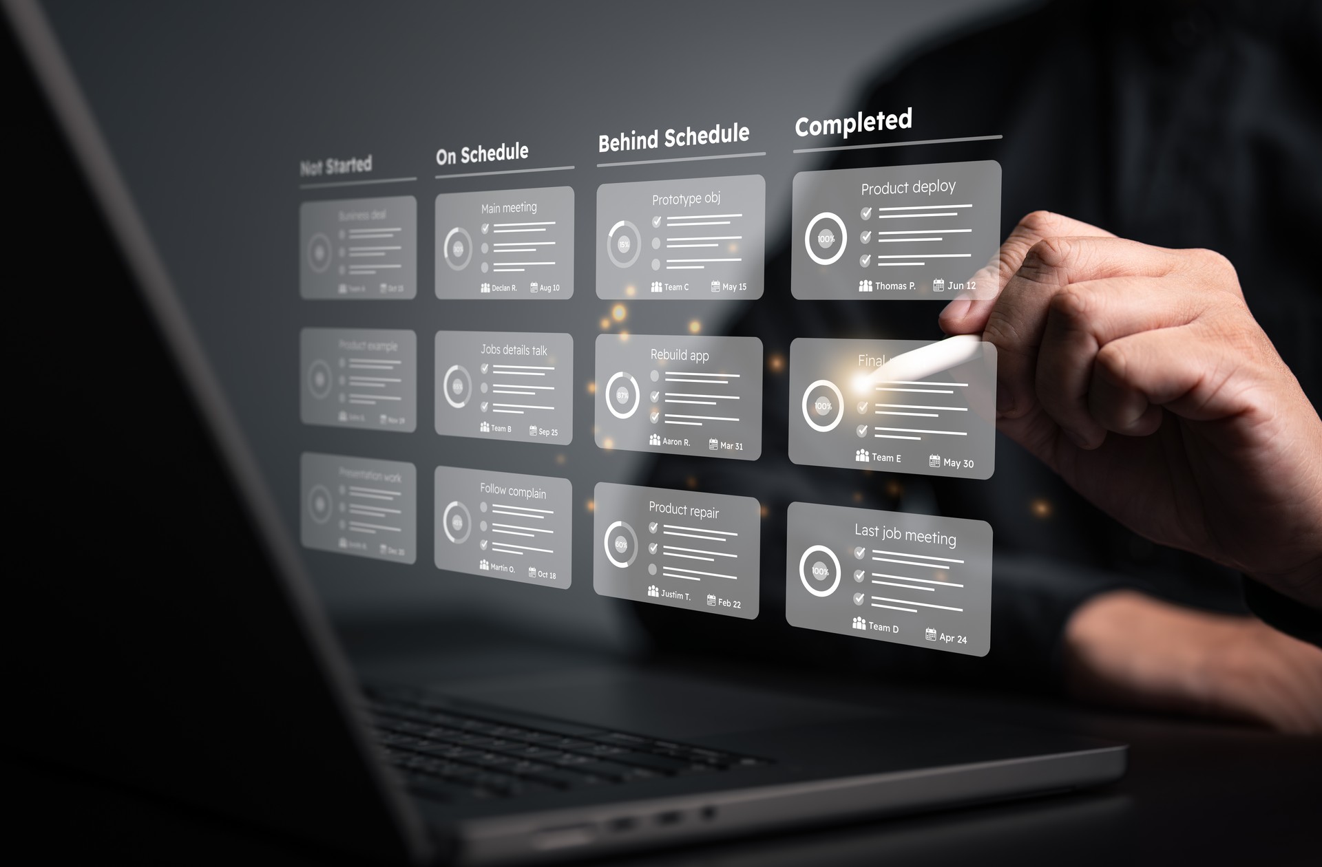 The project manager uses laptop to manage project progress plan by responsible methodology board tool on virtual interface screen. Process, task list, workflow, due date, planner management software.