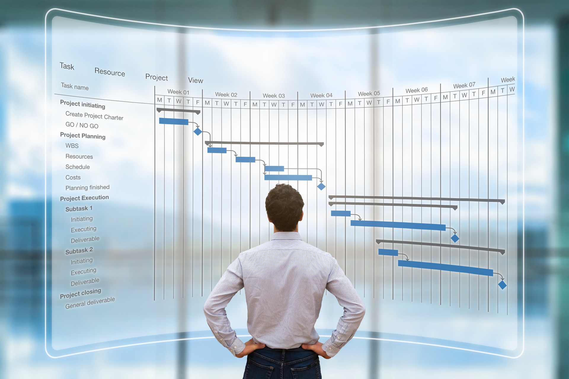 Project manager looking at AR screen, Gantt chart schedule, planning